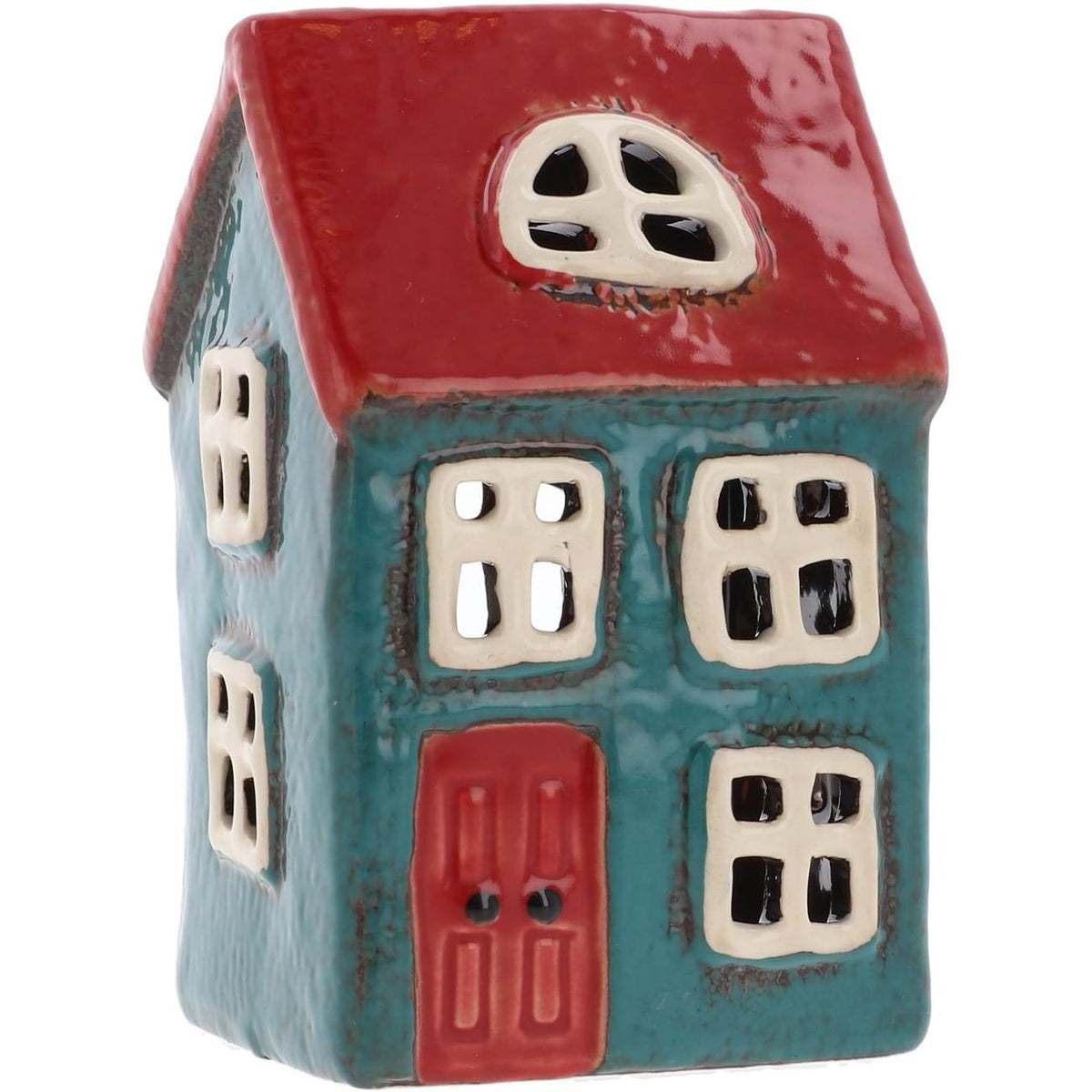 Village Pottery Blue & Red Candle Tealight House