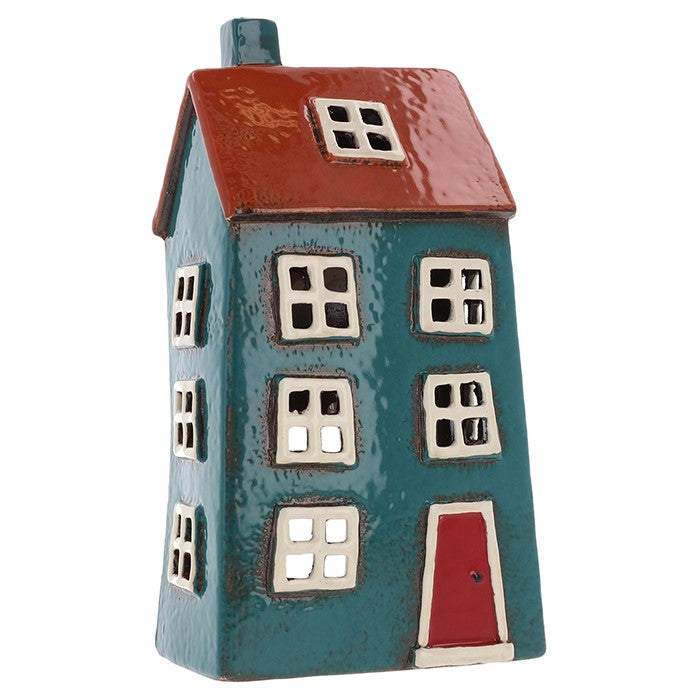 Village Pottery Bright Pale Blue & Red Candle Tealight House