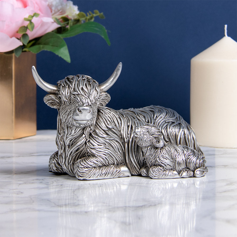 Silver Lying Highland Cow & Calf Ornament