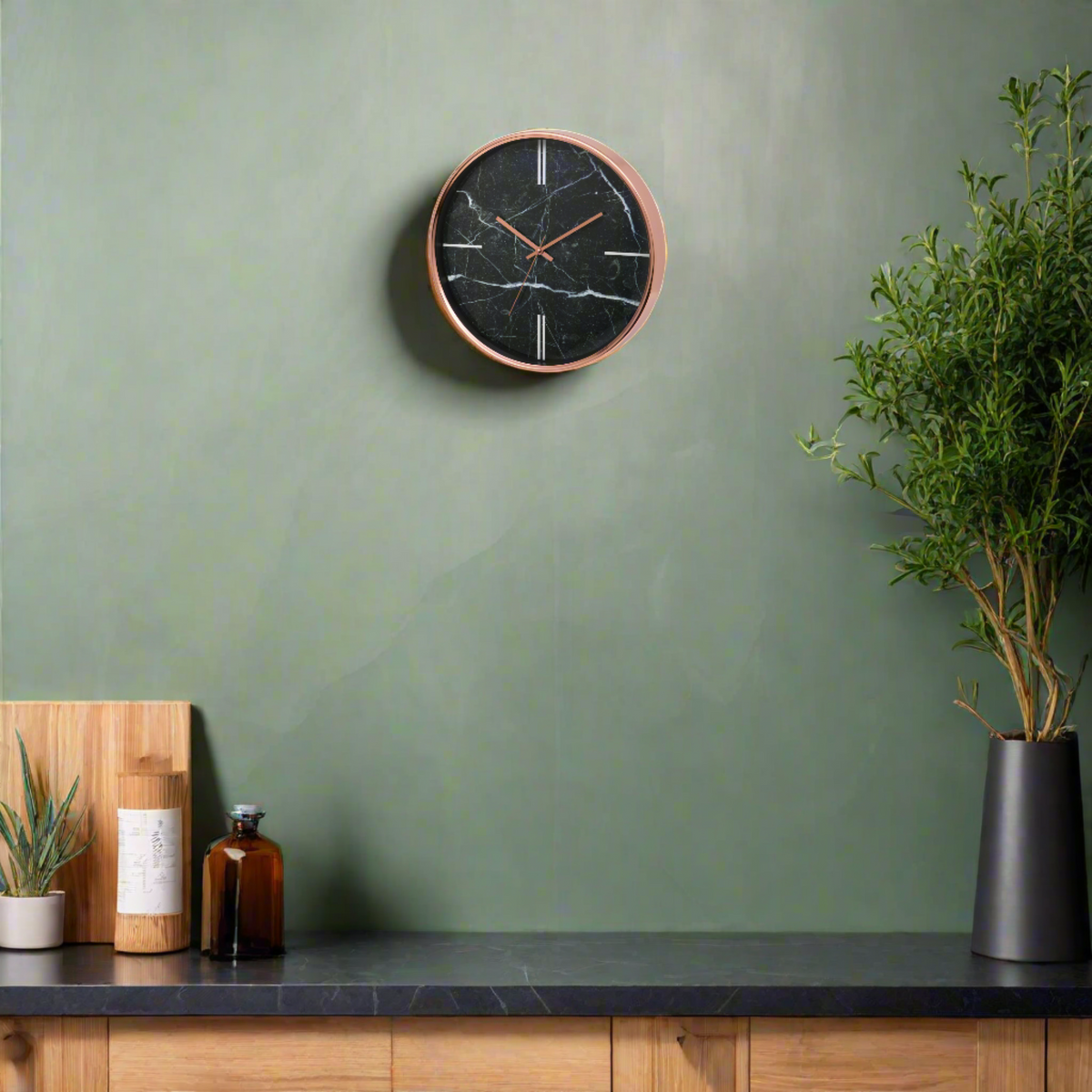 Bolton 38cm Wall Clock - Marble Effect Black & Rose Gold