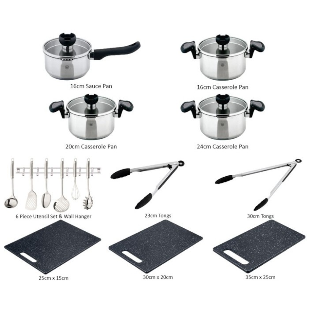 Aron Lift & Pour Stainless Steel Pan Set & Utensil Accessories Bundle - 16 Pieces