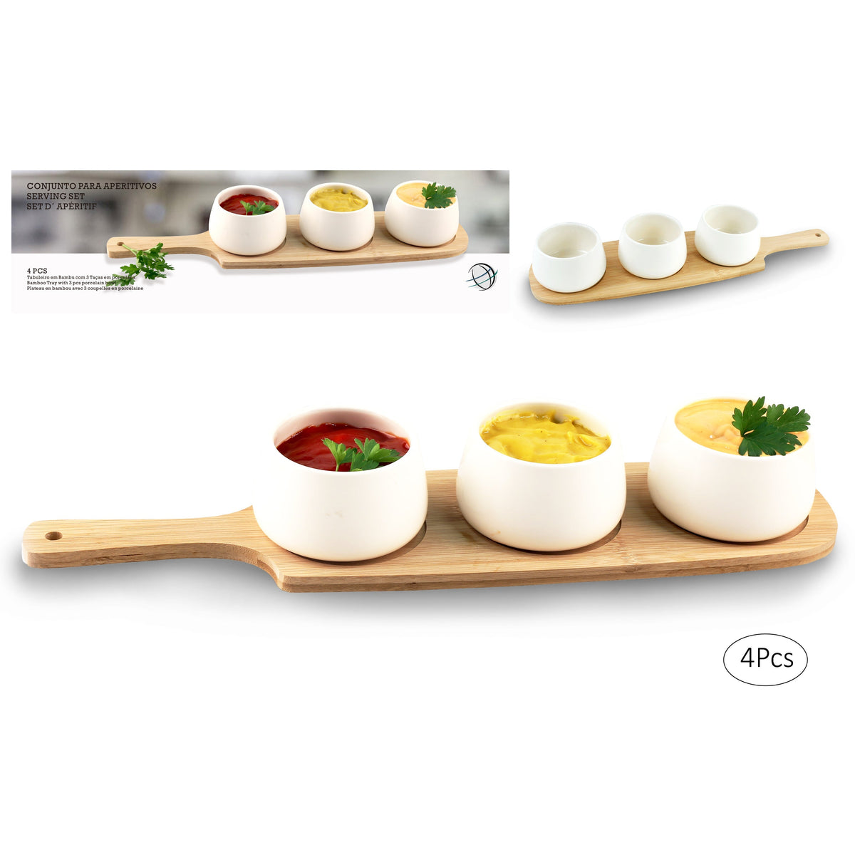 Set of 3 Round Appetisers Serving Dishes with Tray