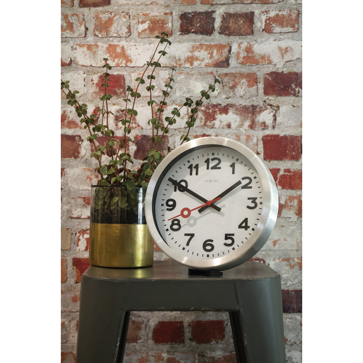 NeXtime - Wall clock/ Table clock - Ø 19 cm – Aluminum - Brushed - 'Station Numbers'