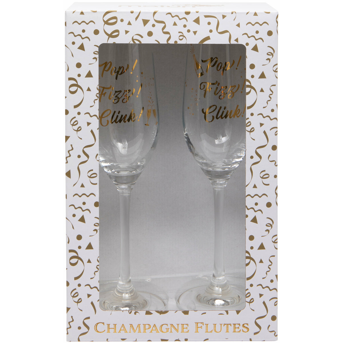 Set of Two 'Pop, Fizz, Clink' Champagne Flutes Boxed